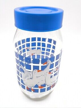 2L- 1982 Carlton Glass Country Geese / Blue Checkered Grid Canister Jar